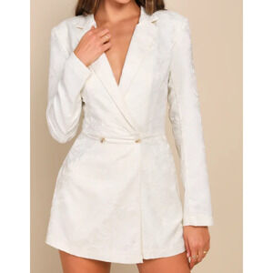 -LULUS M Confident Sophistication Ivory Jacquard Collared Blazer Romper B…